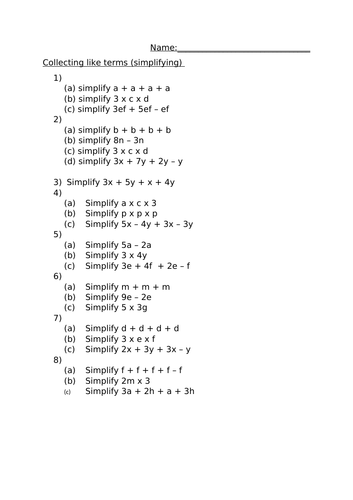 COLLECTING LIKE TERMS (SIMPLIFYING) WORKSHEET