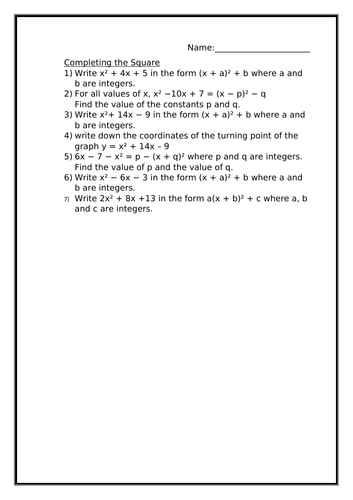 COMPLETING THE SQUARE WORKSHEET