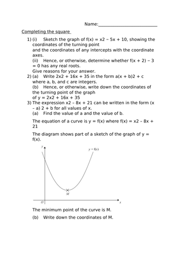 COMPLETING THE SQUARE WORKSHEET 2