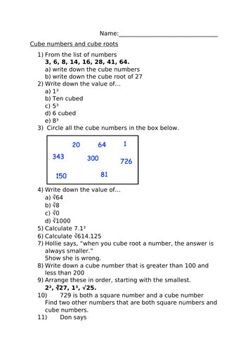 CUBE ROOTS AND CUBE NUMBERS WORKSHEET