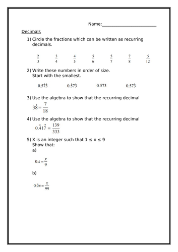 DECIMALS WORKSHEET