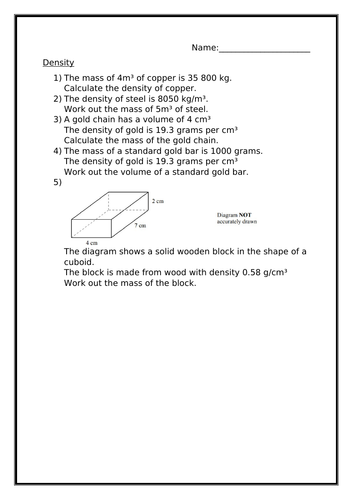 DENSITY WORKSHEET