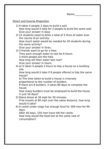 DIRECT AND INVERSE PROPORTION WORKSHEET