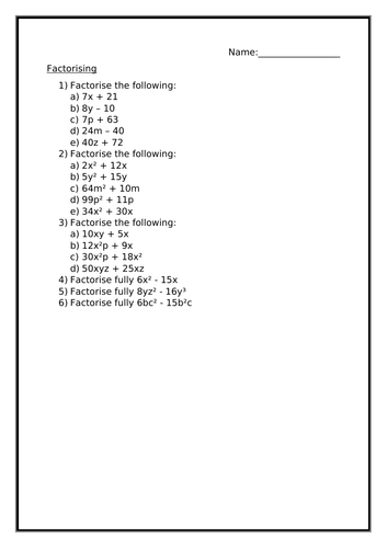 FACTORISING WORKSHEET