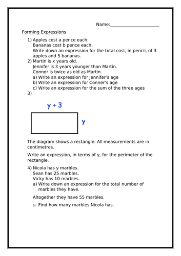 FORMING EXPRESSIONS WORKSHEET | Teaching Resources