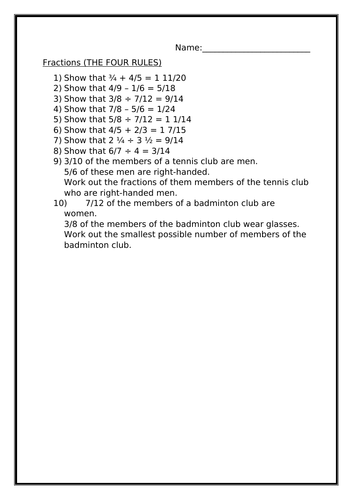 FRACTIONS (FOUR RULES) WORKSHEET