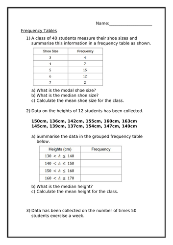 FREQUENCY TABLES WORKSHEET