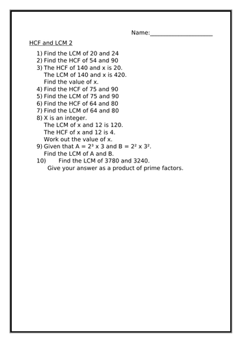 HCF AND LCM WORKSHEET 2