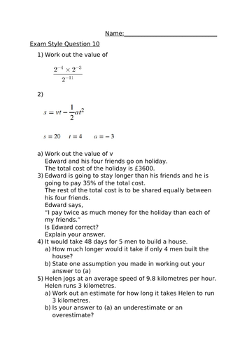 HIGHER EXAM STYLE QUESTIONS 10