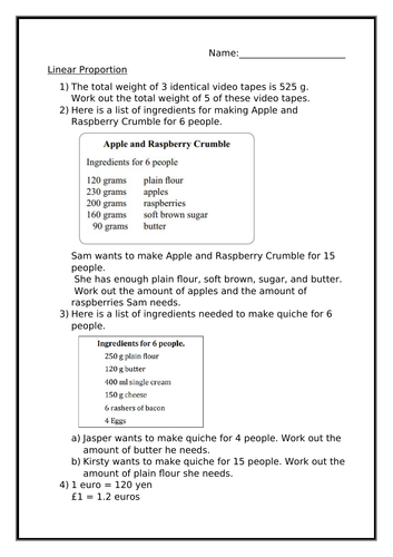 LINEAR PROPORTION WORKSHEET