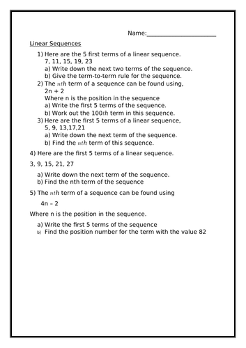 LINEAR SEQUENCES WORKSHEET