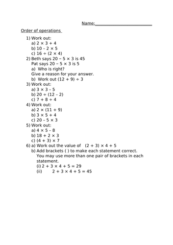 ORDER OF OPERATIONS WORKSHEET