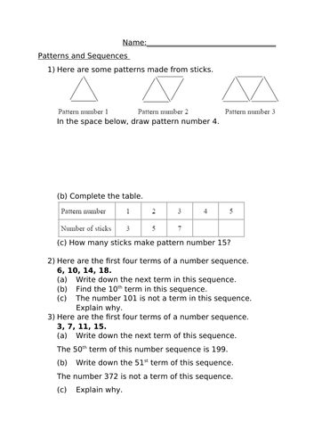 PATTERNS AND SEQUENCES WORKSHEET