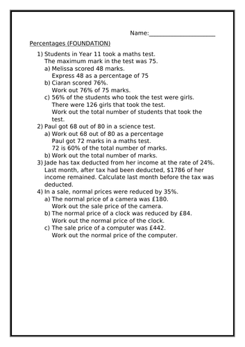 PERCENTAGES (FOUNDATION) WORKSHEET