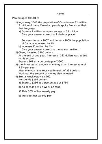 PERCENTAGES (HIGHER) WORKSHEET