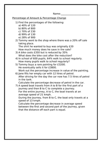 PERCENTAGES OF AMOUNTS AND PERCENTAGES CHANGE WORKSHEET