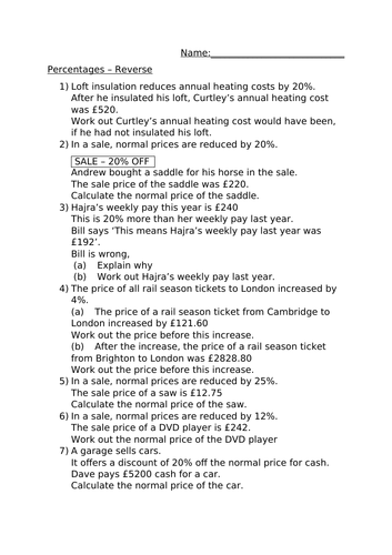 PERCENTAGES - REVERSE WORKSHEET