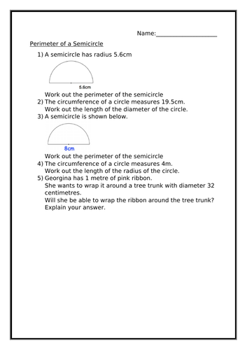 PERIMETER OF A SEMICIRCLE WORKSHEET