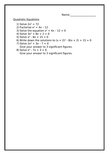 QUADRATIC EQUATIONS WORKSHEET