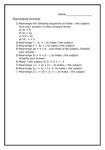 REARRANGING FORMULAS WORKSHEET