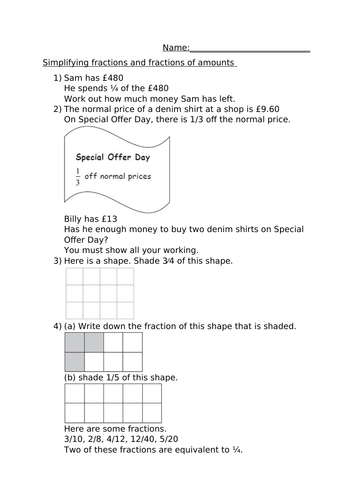 SIMPLIFYING FRACTIONS AND FRACTIONS OF AMOUNTS WORKSHEET Teaching 