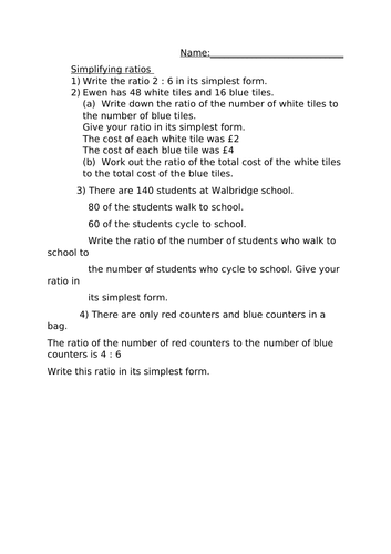 SIMPLIFYING RATIOS WORKSHEET | Teaching Resources