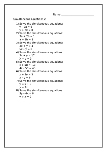 Worksheets On Simultaneous Equations 3557