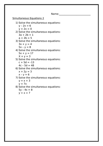 SIMULTANEOUS EQUATIONS WORKSHEET