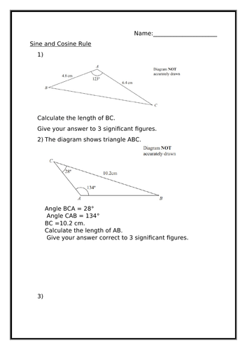 SINE AND COSINE RULE WORKSHEET