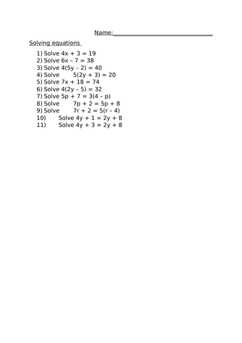 SOLVING EQUATIONS WORKSHEET