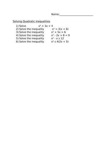 SOLVING QUADRATIC INEQUALITIES WORKSHEET