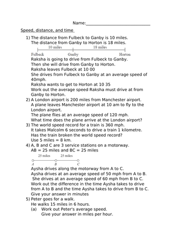 SPEED, DISTANCE AND TIME WORKSHEET