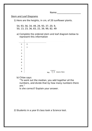 STEM AND LEAF DIAGRAMS WORKSHEET