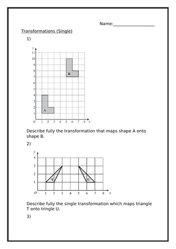 TRANSFORMATIONS (SINGLE) WORKSHEET