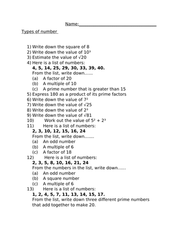 TYPES OF NUMBER WORKSHEET Teaching Resources