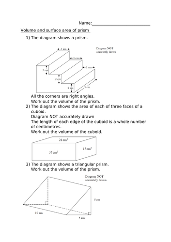 VOLUME AND SURFACE AREAS OF PRISMS WORKSHEET