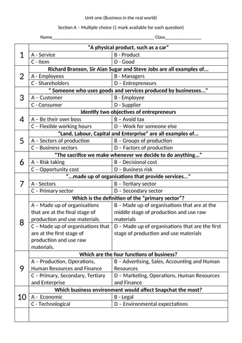 9-1 AQA Business Studies. Full unit tests 1-6.