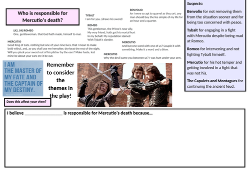 Free Worksheet - Mercutio&rsquo;s Death Responsibility | Teaching Resources