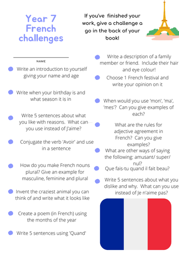 MFL KS3 Challenge Sheets