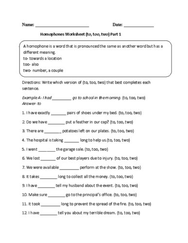 Homophones Worksheet
