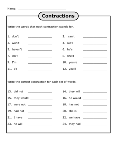 Contractions worksheet teaching resources