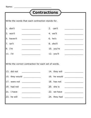 Contractions Worksheet