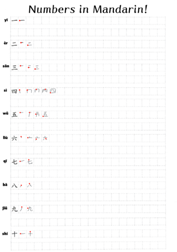beginner mandarin chinese numbers 1 10 handwriting practice worksheet