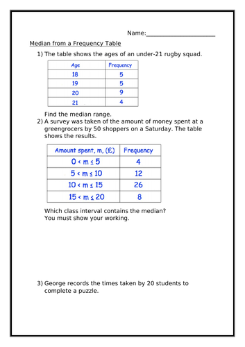 MEDIAN FROM A FREQUENCY TABLE WORKSHEET