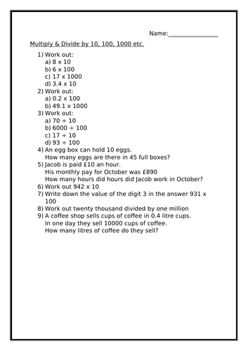 MULTIPLYING BY 10, 100 AND 1000 WORKSHEET