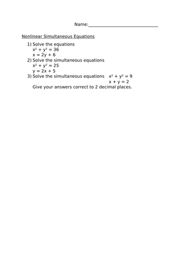 NON LINEAR SIMULTANEOUS EQUATIONS WORKSHEET