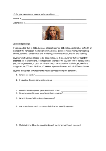 Budgeting worksheet (Celebrity Net Worth) Functional Skills Entry Level SEN