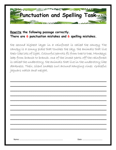 Rainforest Punctuation, Spelling + Vocabulary Worksheets