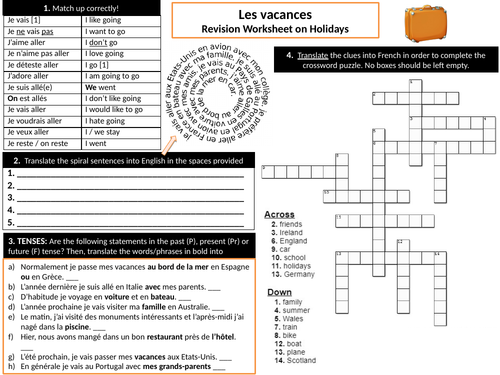 Revision of Holidays Worksheet - KS3 French