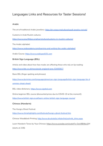 Language Links and Resources for Taster Sessions (mainly European languages)